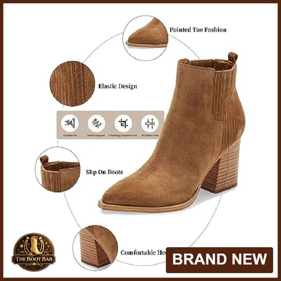 Women's Ankle Boots Pointed Toe Chunky Heel Faux Suede Fur Lined Booties - Picture 6 of 6